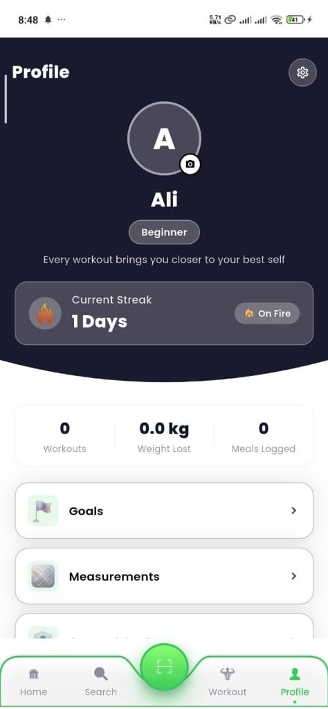 Zeno Fit Profile Screen