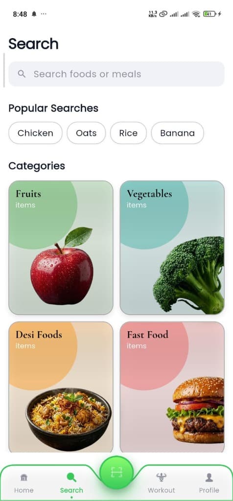 Zeno Fit Search & Categories Screen